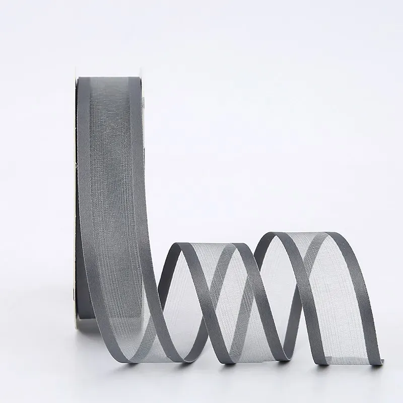 Wstążka z organzy Double Line, szara, 2,5 cm / 18,28 m #121