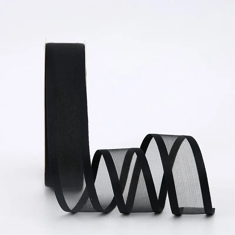 Organza ribbon "Double Line", black 2.5cm / 18.28m #171