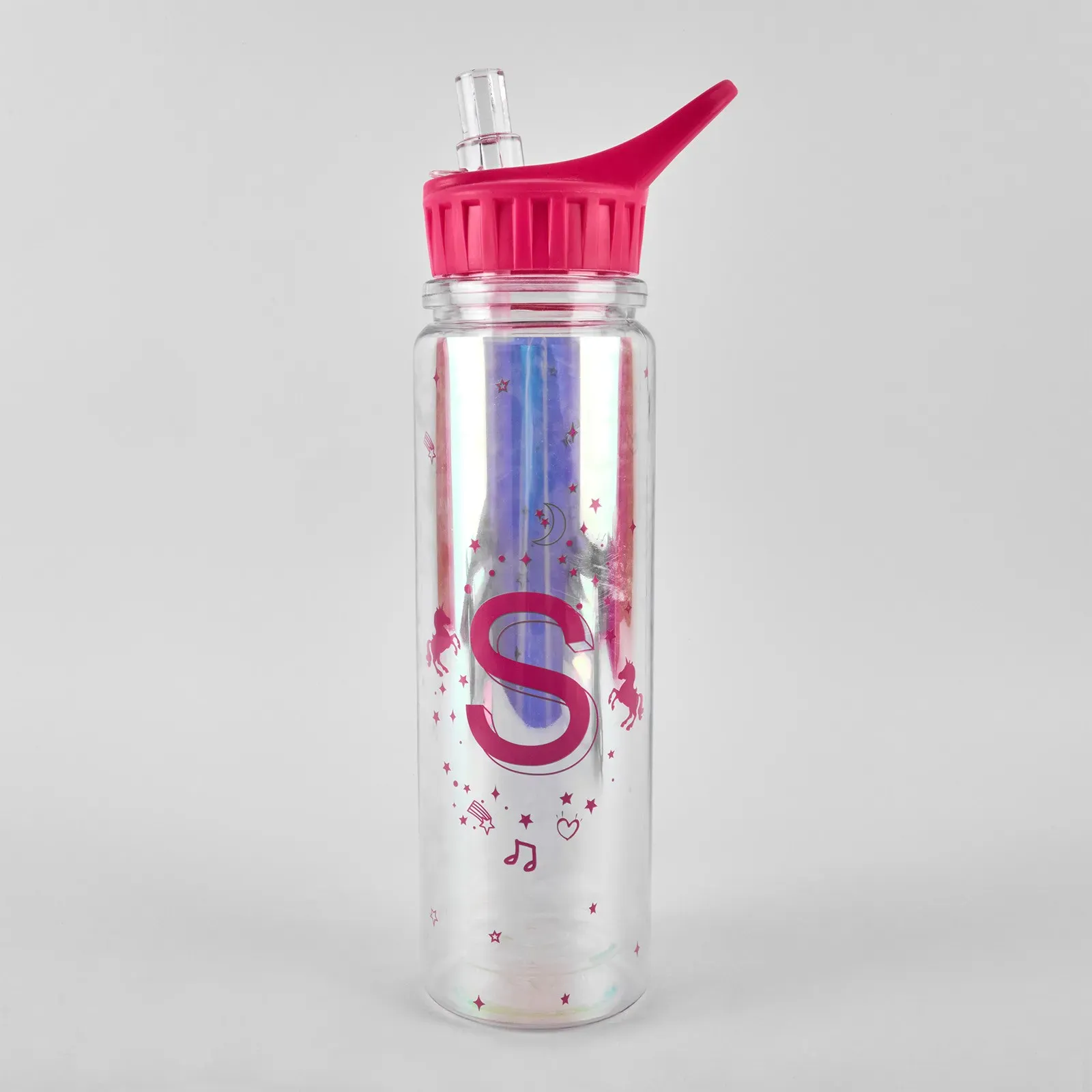 Sticla de apa cu paie, 320 ml, efect oglinda, capac fucsia
