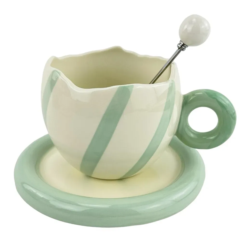 Cana din ceramica cu farfurie si lingura "Purr Purr" alb cu verde