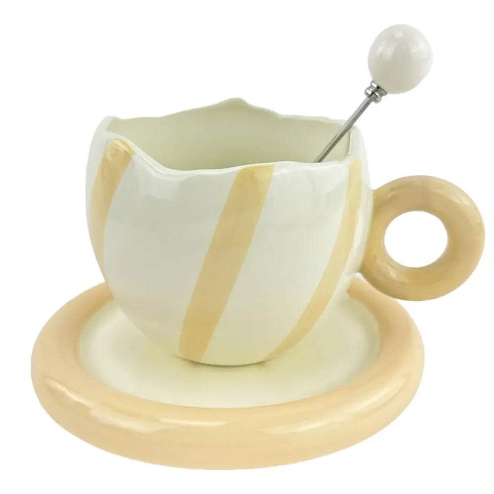 Cana din ceramica cu farfurie si lingura "Purr Purr" alb cu crema