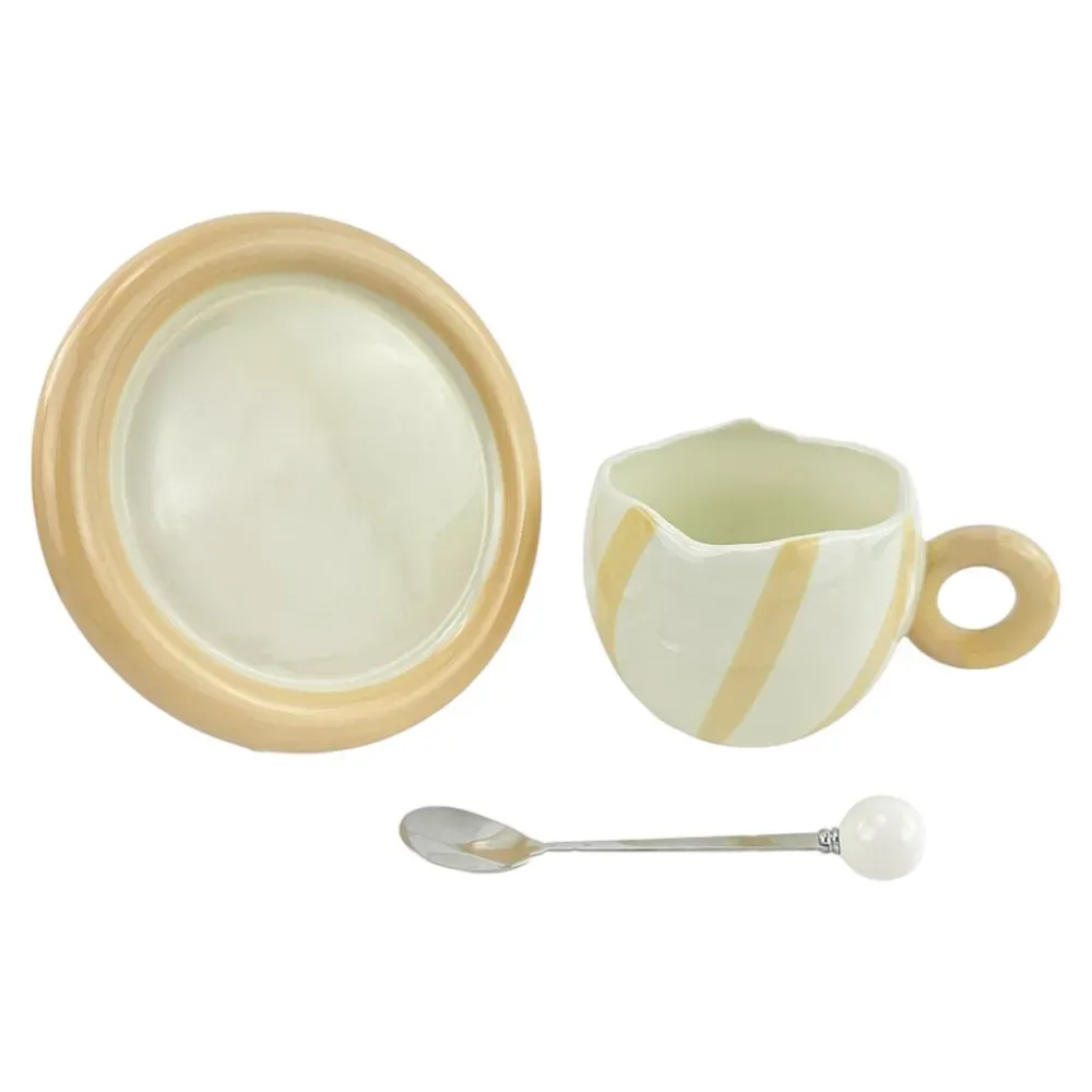 Cana din ceramica cu farfurie si lingura "Purr Purr" alb cu crema photo 2