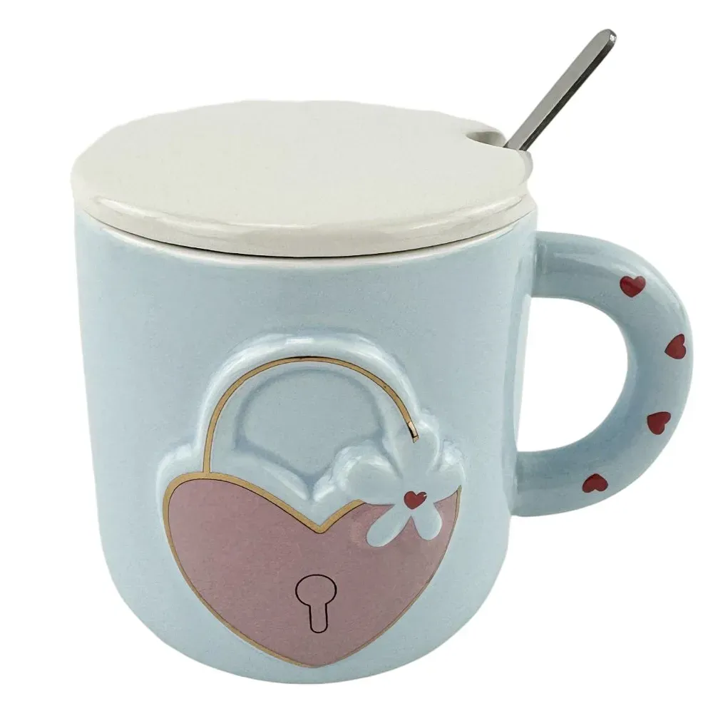 Cana din ceramica cu capac si lingura "Love unlock" albastru