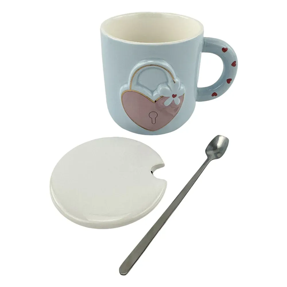 Cana din ceramica cu capac si lingura "Love unlock" albastru photo 2