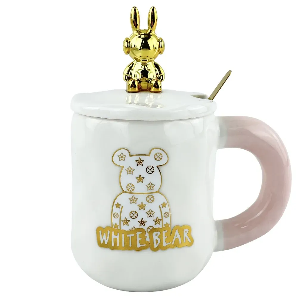 Cana din ceramica alba cu lingura si capac "White bear"