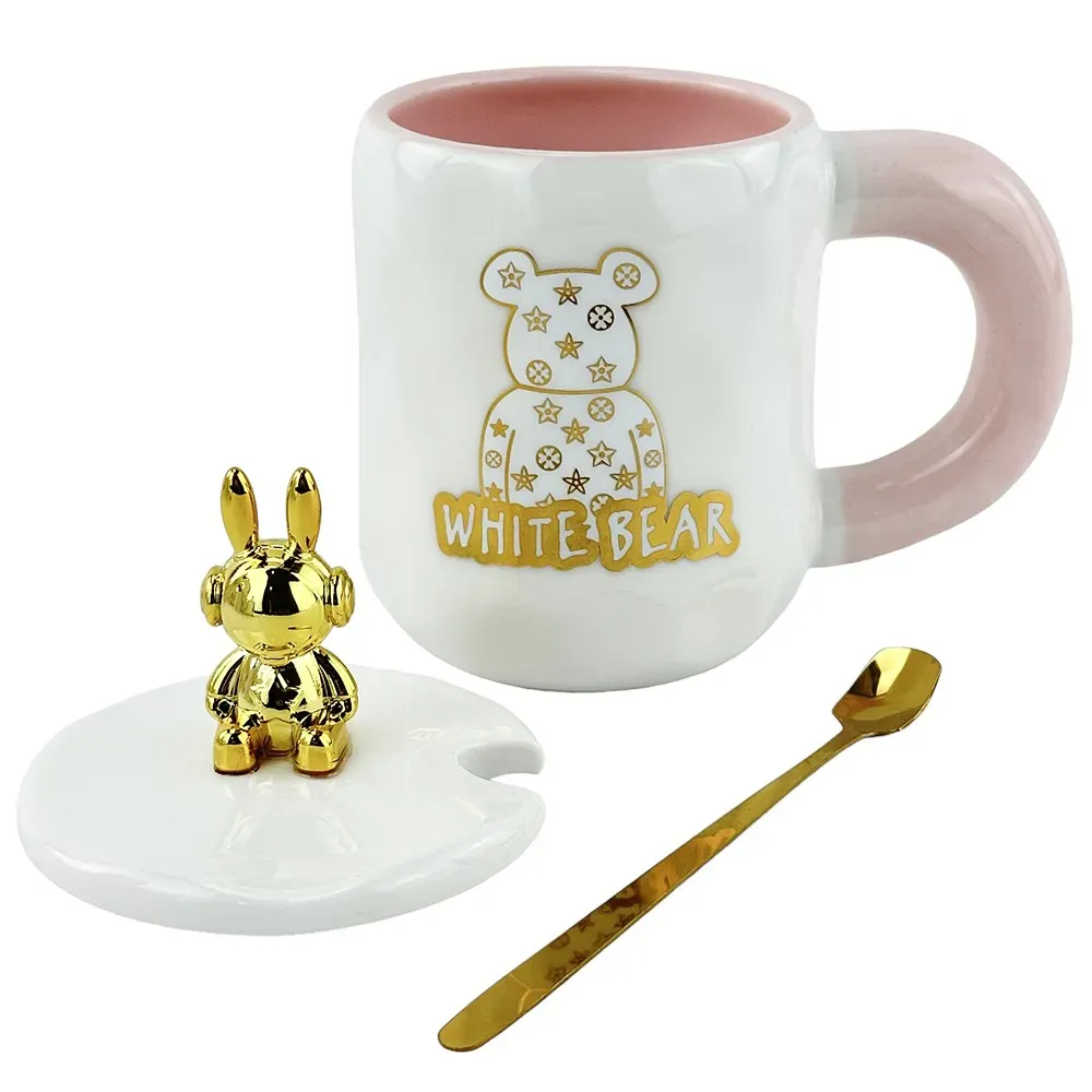 Cana din ceramica alba cu lingura si capac "White bear" photo 2