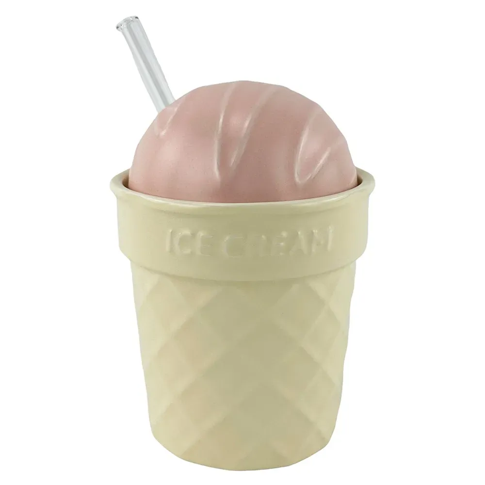 Cana ceramica cu capac roz si lingura de sticla "Horn"