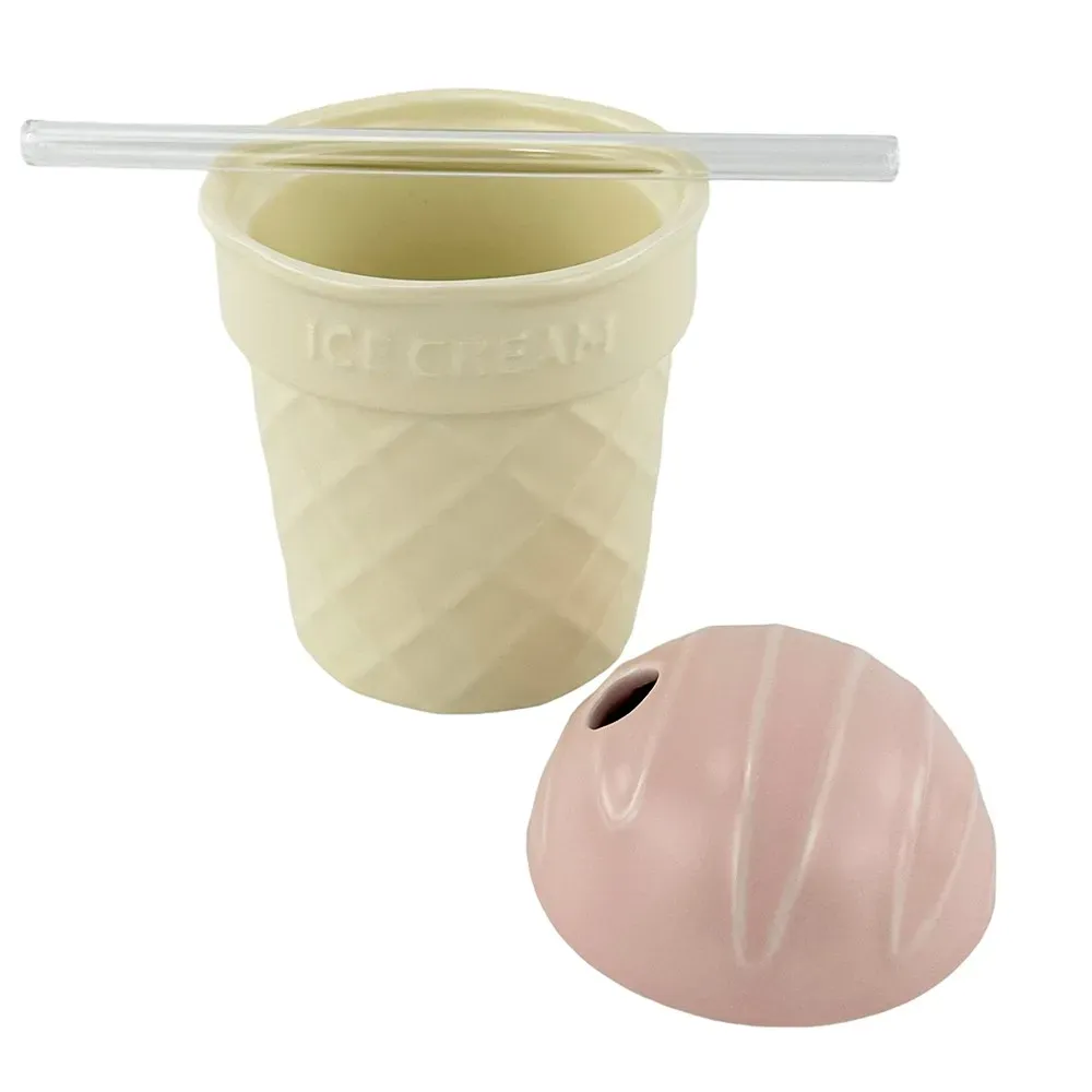 Cana ceramica cu capac roz si lingura de sticla "Horn" photo 2