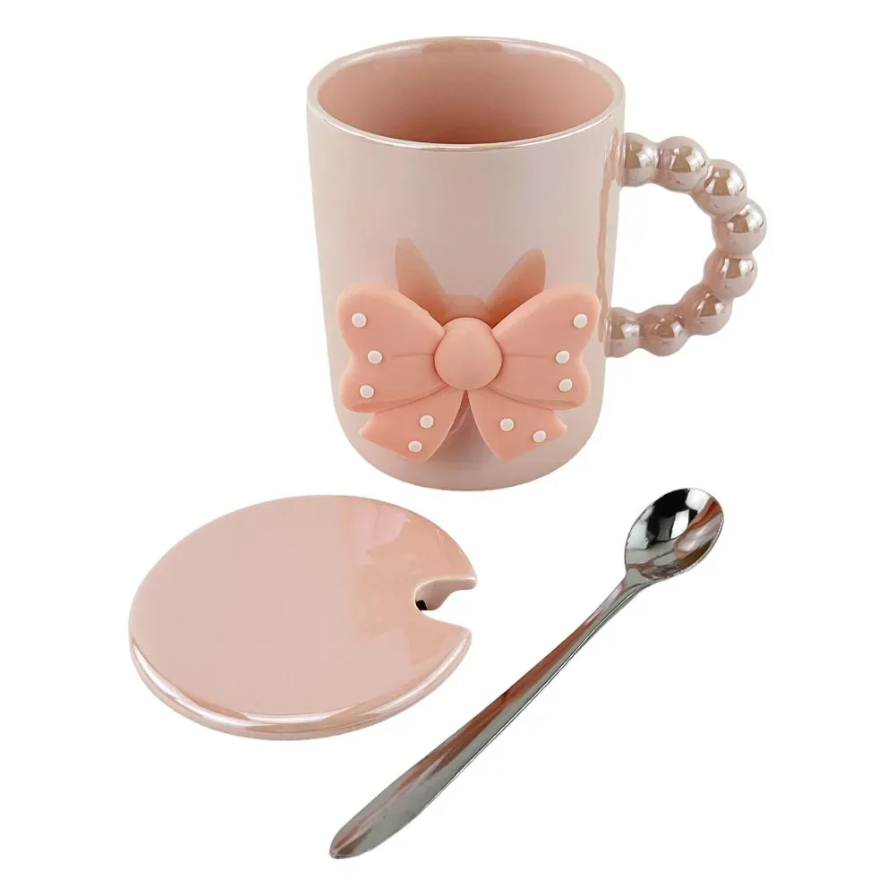 Cana ceramica roz cu capac si lingura 'Pearl ribbon' photo 2