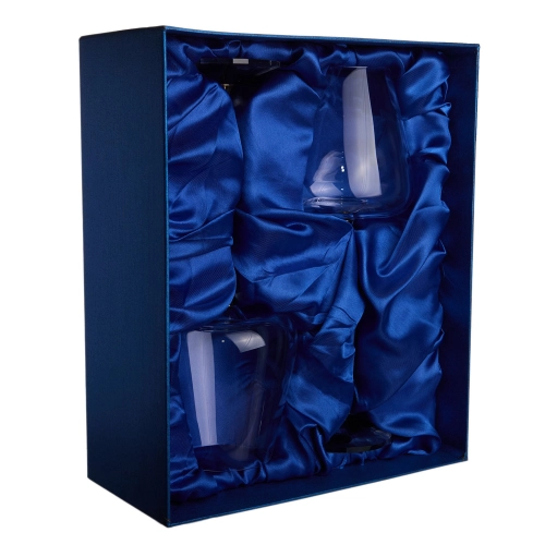 Set pahare cadou, in cutie albastra si geanta, pe stofa albastra 27 cm