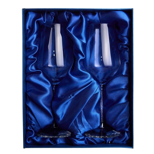 Set pahare cadou, in cutie albastra si geanta, pe stofa albastra 23 cm