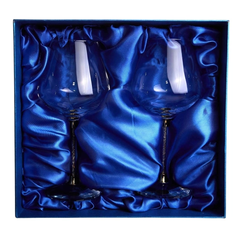 Set pahare cadou, in cutie albastra si geanta, pe stofa albastra 21 cm