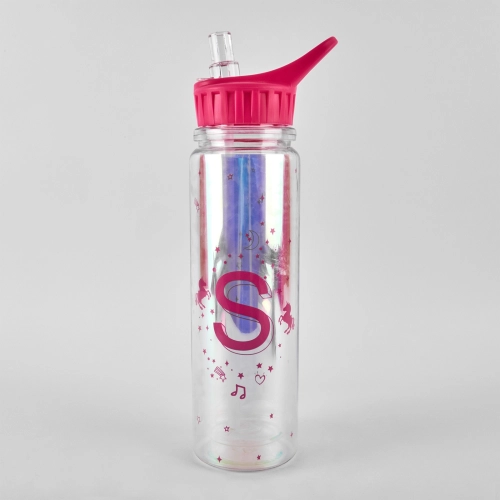 Sticla de apa cu paie, 320 ml, efect oglinda, capac fucsia