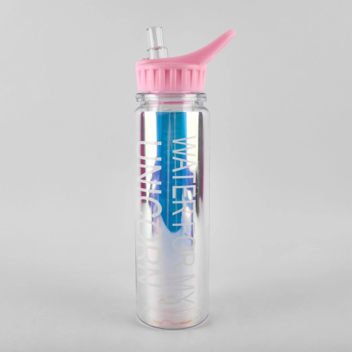 Sticla de apa cu paie, 320 ml, efect oglinda, capac roz