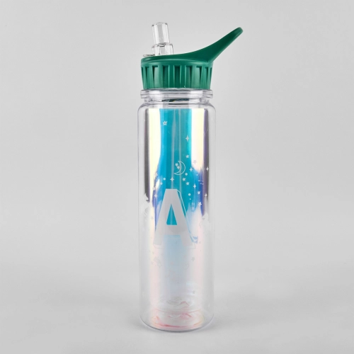 Sticla de apa cu paie, 320 ml, efect oglinda, capac verde