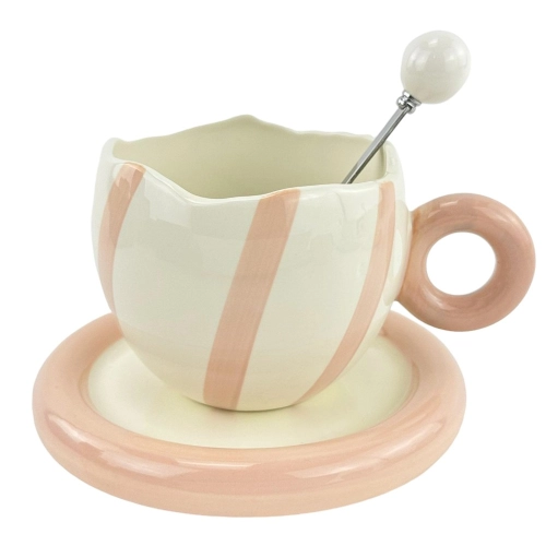 Cana din ceramica cu farfurie si lingura "Purr Purr" alb si roz