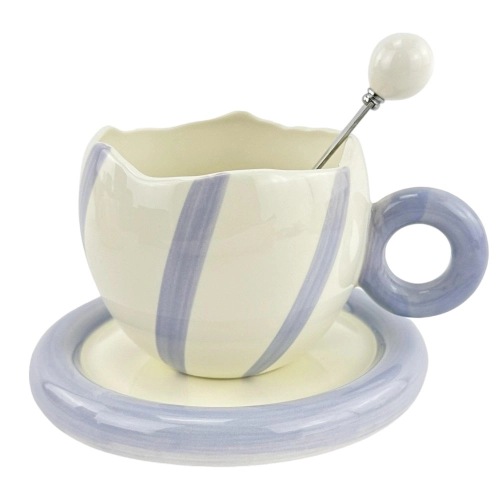 Cana din ceramica cu farfurie si lingura "Purr Purr" alb cu liliac