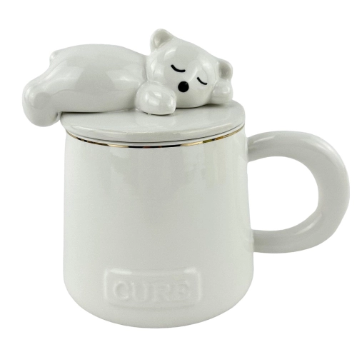 Cana din ceramica cu capac si lingura "Sleepy" alba