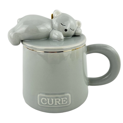 Cana ceramica cu capac si lingura "Sleepy" gri