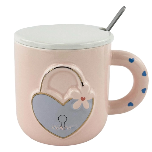Cana din ceramica cu capac si lingura "Love unlock" roz