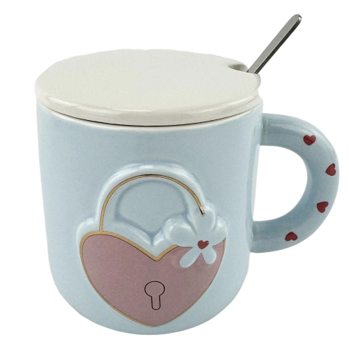 Cana din ceramica cu capac si lingura "Love unlock" albastru