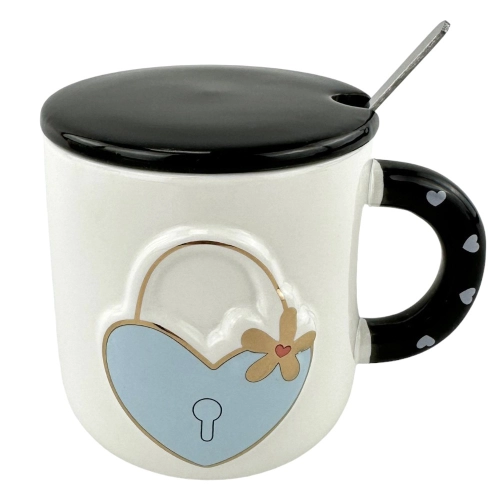 Cana din ceramica cu capac si lingura "Love unlock" alba