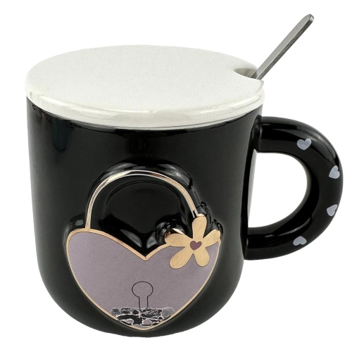 Cana din ceramica cu capac si lingura "Love unlock" neagra