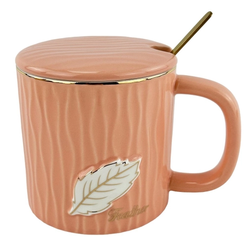 Cana ceramica cu capac si lingura "Feather" roz
