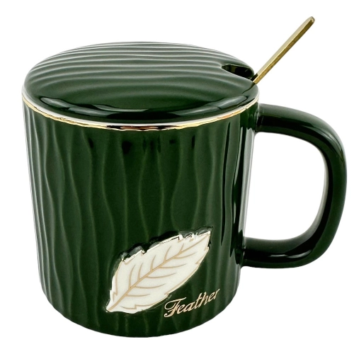 Cana din ceramica cu capac si lingura "Feather" verde
