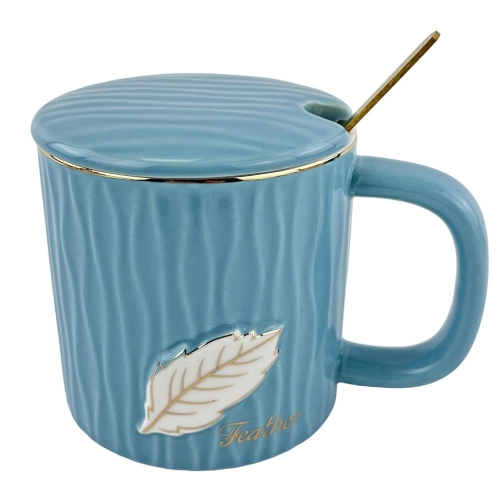Cana ceramica cu capac si lingura "Feather" albastru