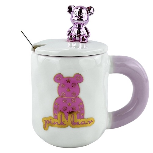 Cana din ceramica alba cu lingura si capac "Pink bear"