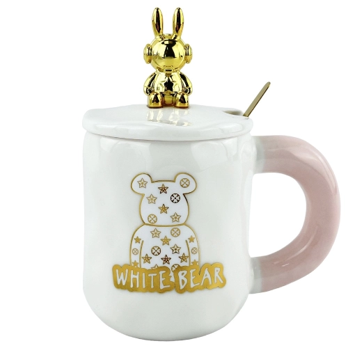 Cana din ceramica alba cu lingura si capac "White bear"