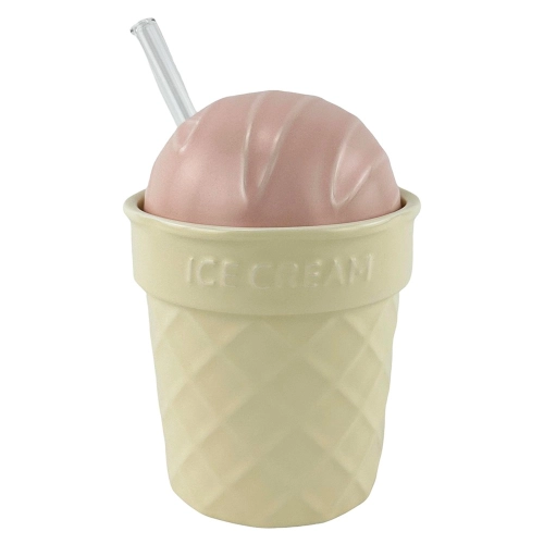 Cana ceramica cu capac roz si lingura de sticla "Horn"