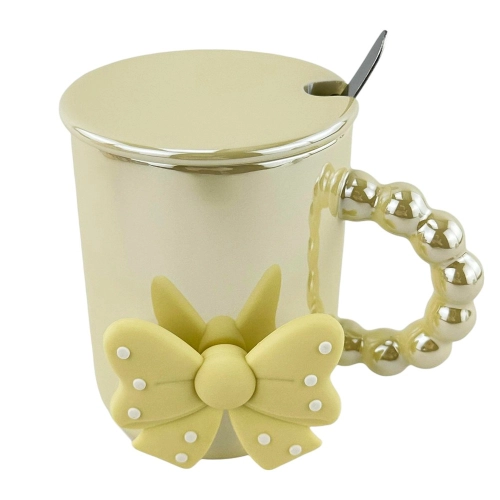 Pahar din ceramica galbena cu capac si lingura "Pearl ribbon"