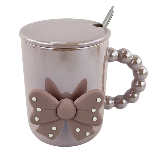 Cana ceramica liliac cu capac si lingura "Pearl ribbon"